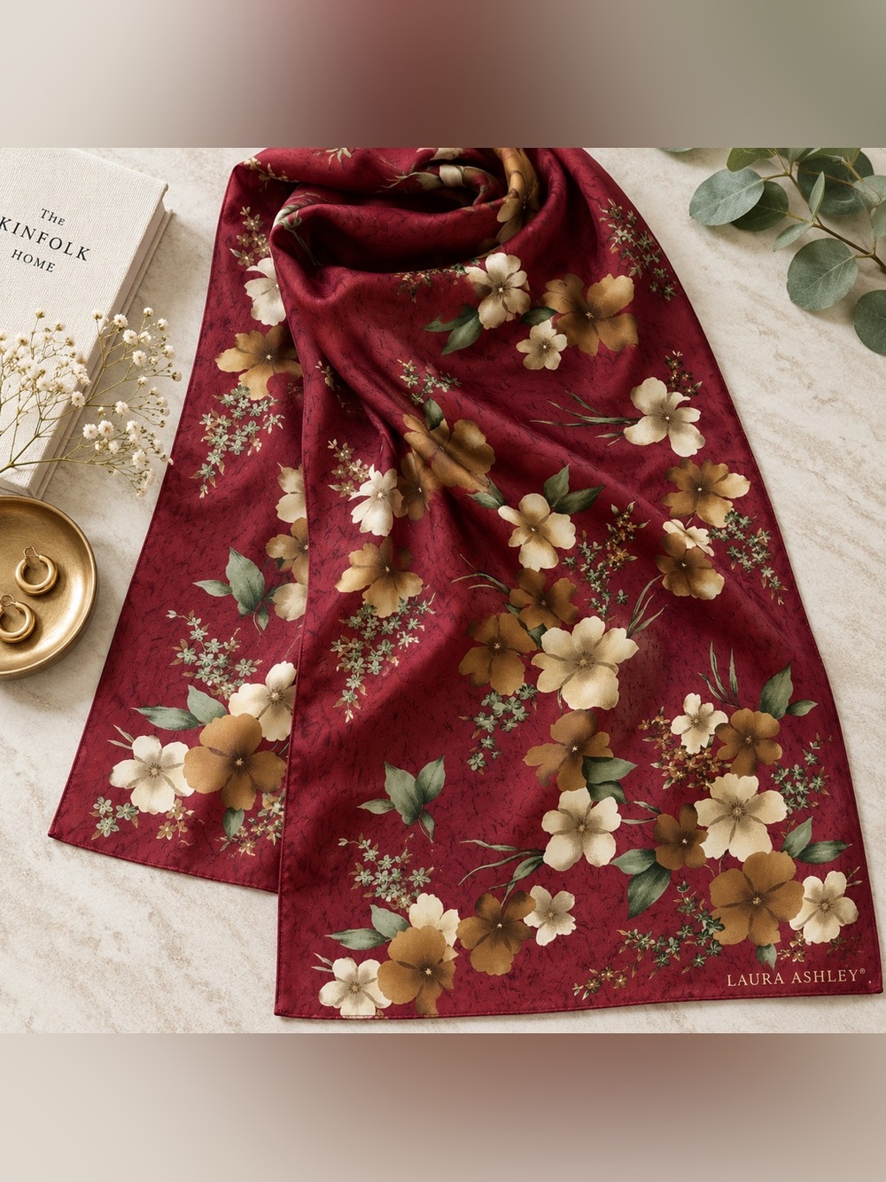 Vintage Laura Ashley Silk Floral Scarf Burgundy